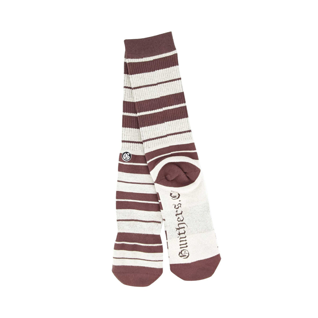 Pair of striped socks with a brand logo on a white background