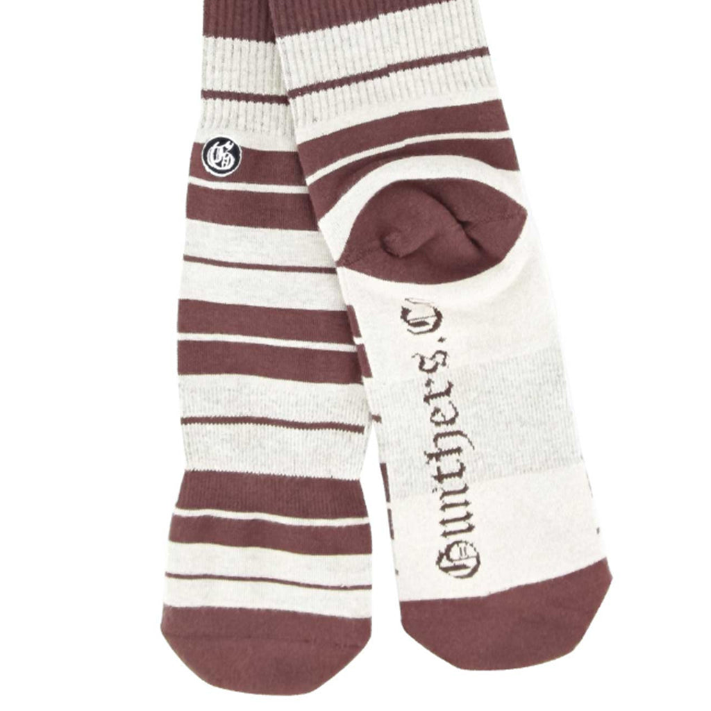 Maroon and white striped socks with a brand logo on a white background