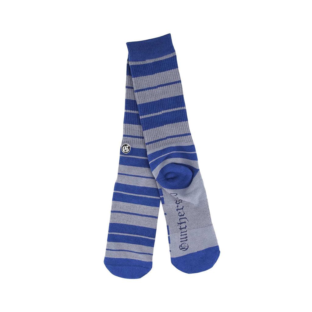 Blue and gray striped socks with a brand logo on a white background