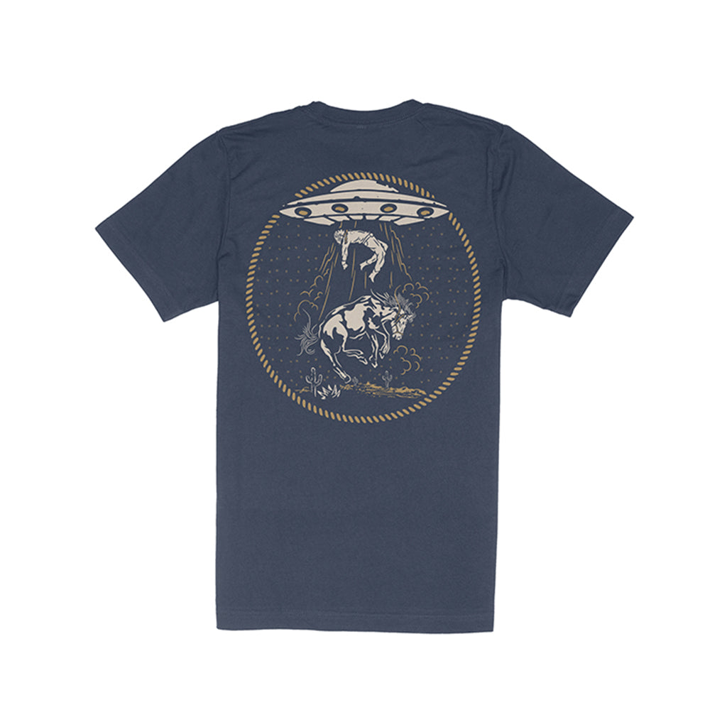Navy blue t-shirt with a graphic of a UFO and a horse on the back, on a white background