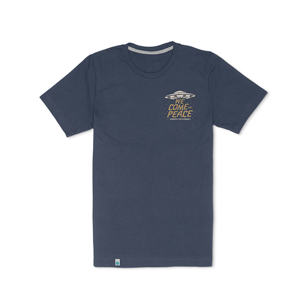Navy blue t-shirt with graphic design on a white background