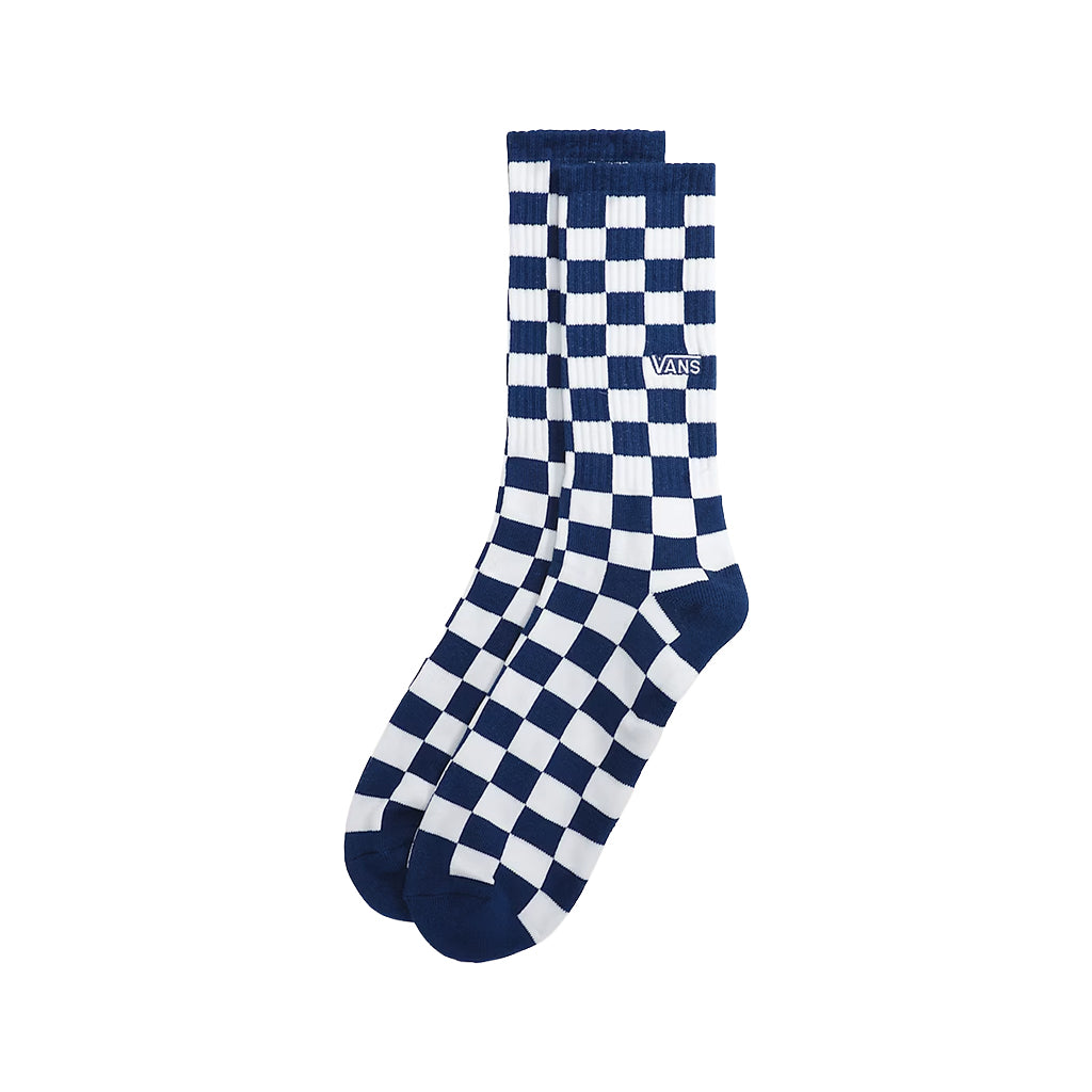 Pair of blue and white checkered socks with Vans logo on a white background