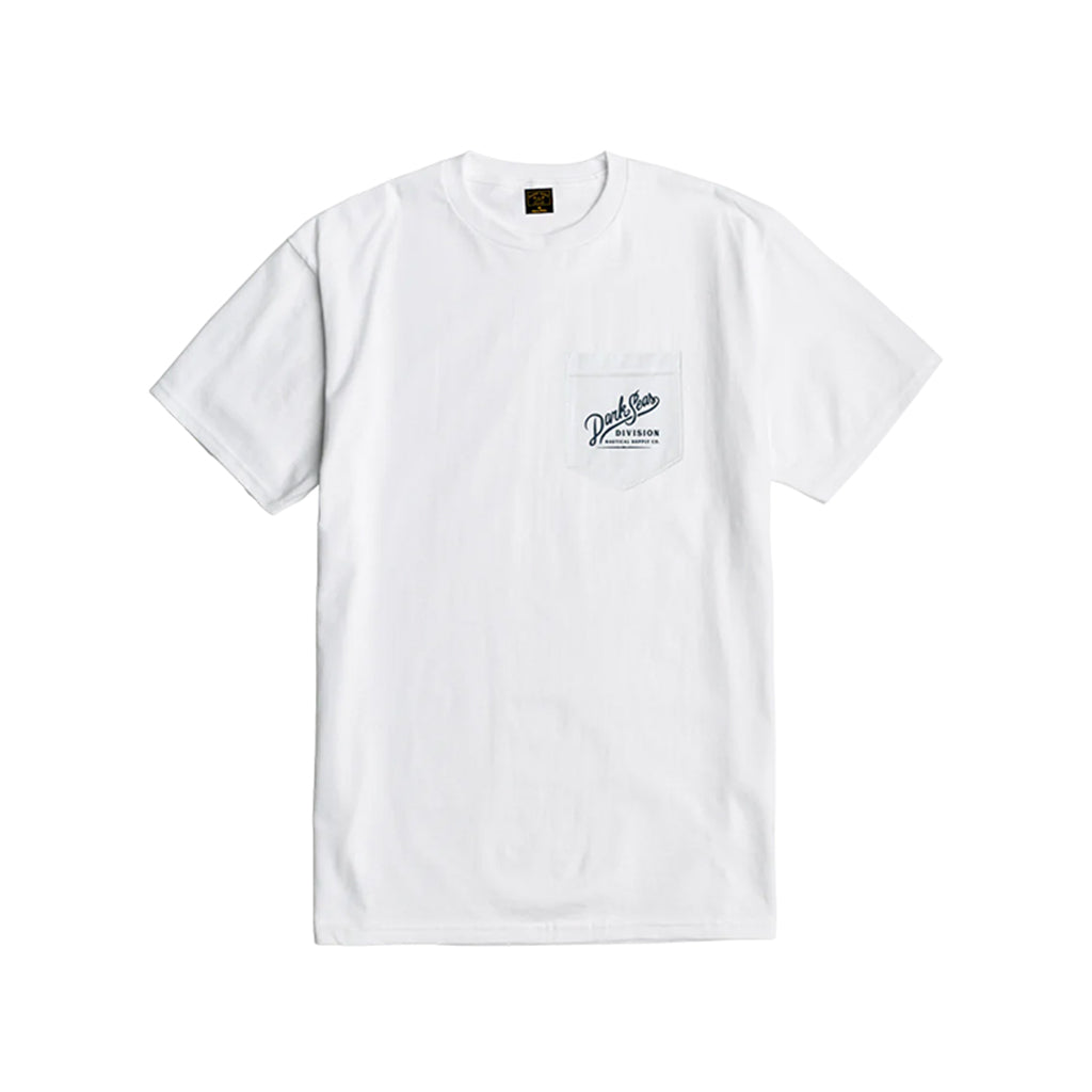 White t-shirt with a small logo on the chest against a white background