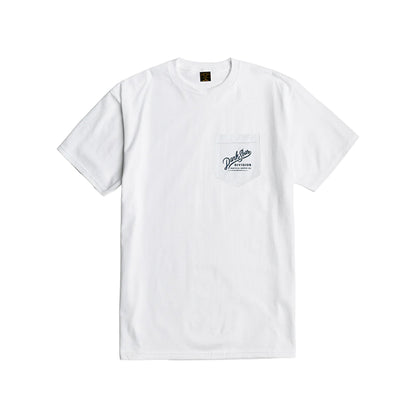 White t-shirt with a small logo on the chest against a white background