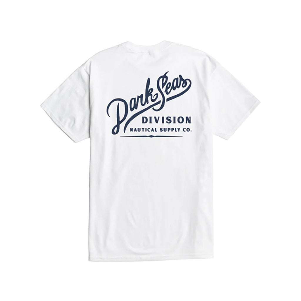 White t-shirt with navy blue text on the back against a white background