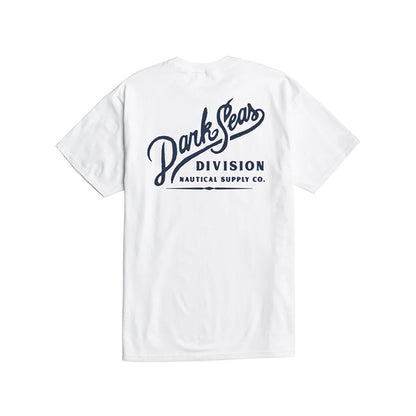White t-shirt with navy blue text on the back against a white background