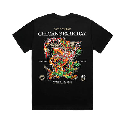 Black t-shirt with colorful graphic design and text on a white background