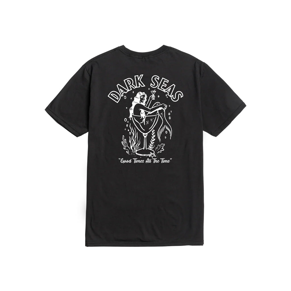 Black t-shirt with white graphic design and 'Dark Seas' text on a white background