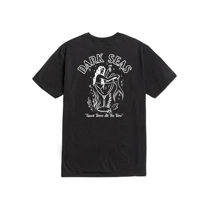 Black t-shirt with white graphic design and 'Dark Seas' text on a white background