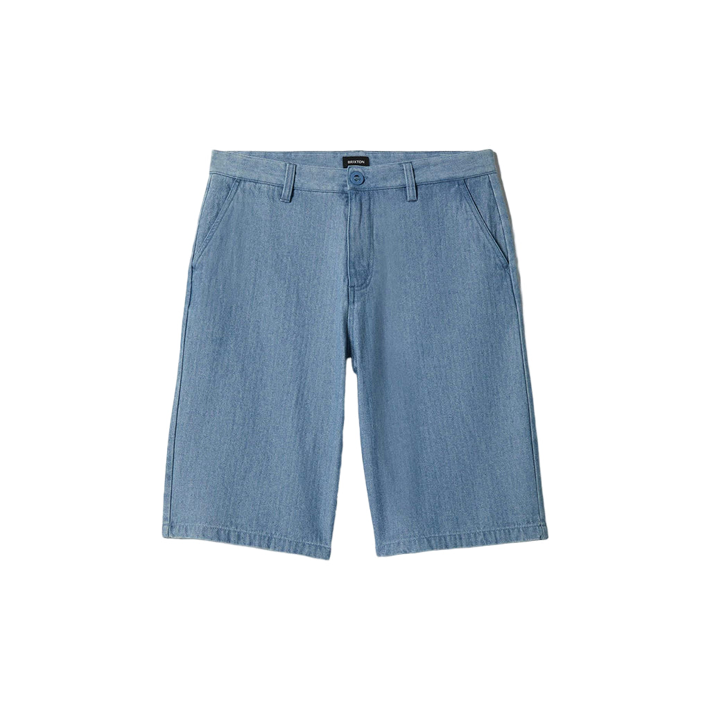 Light blue denim shorts on a white background
