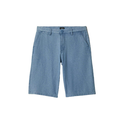 Light blue denim shorts on a white background