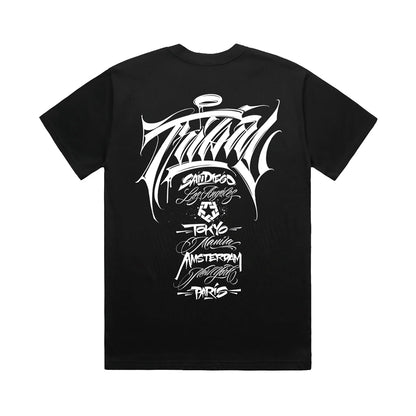 Black t-shirt with white graphic design on a white background