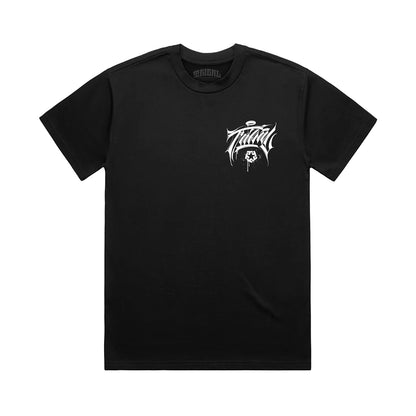 Black t-shirt with a white logo on a white background