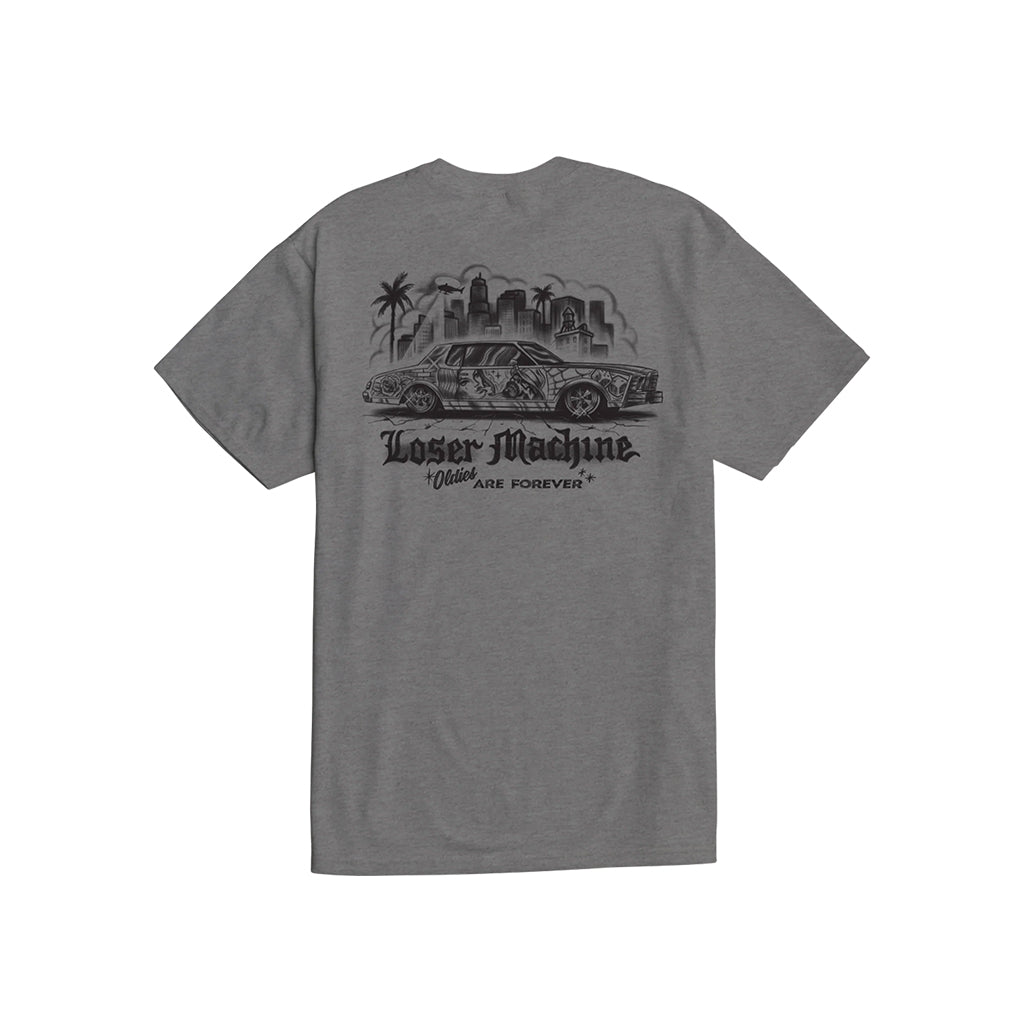 Gray t-shirt with black graphic design on a white background