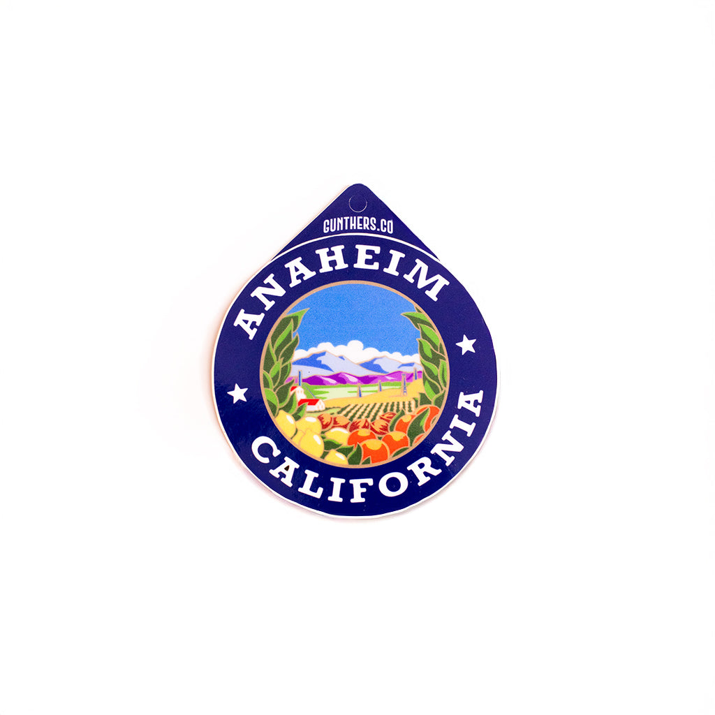 Decorative sign with 'Anaheim, California' text on a white background
