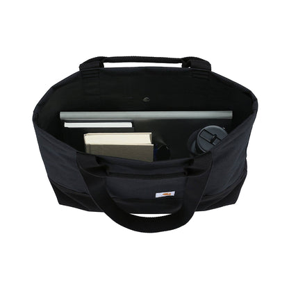 Black bag with compartments and handles on a white background