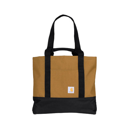 Tote bag with black handles and bottom, featuring a brand logo on a white background
