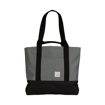 Gray and black tote bag with a visible brand logo on a white background