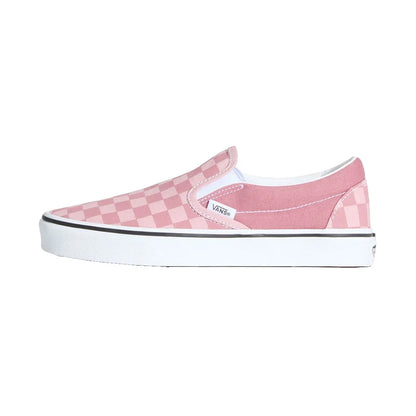 Pink checkered slip-on shoe with white sole on a white background