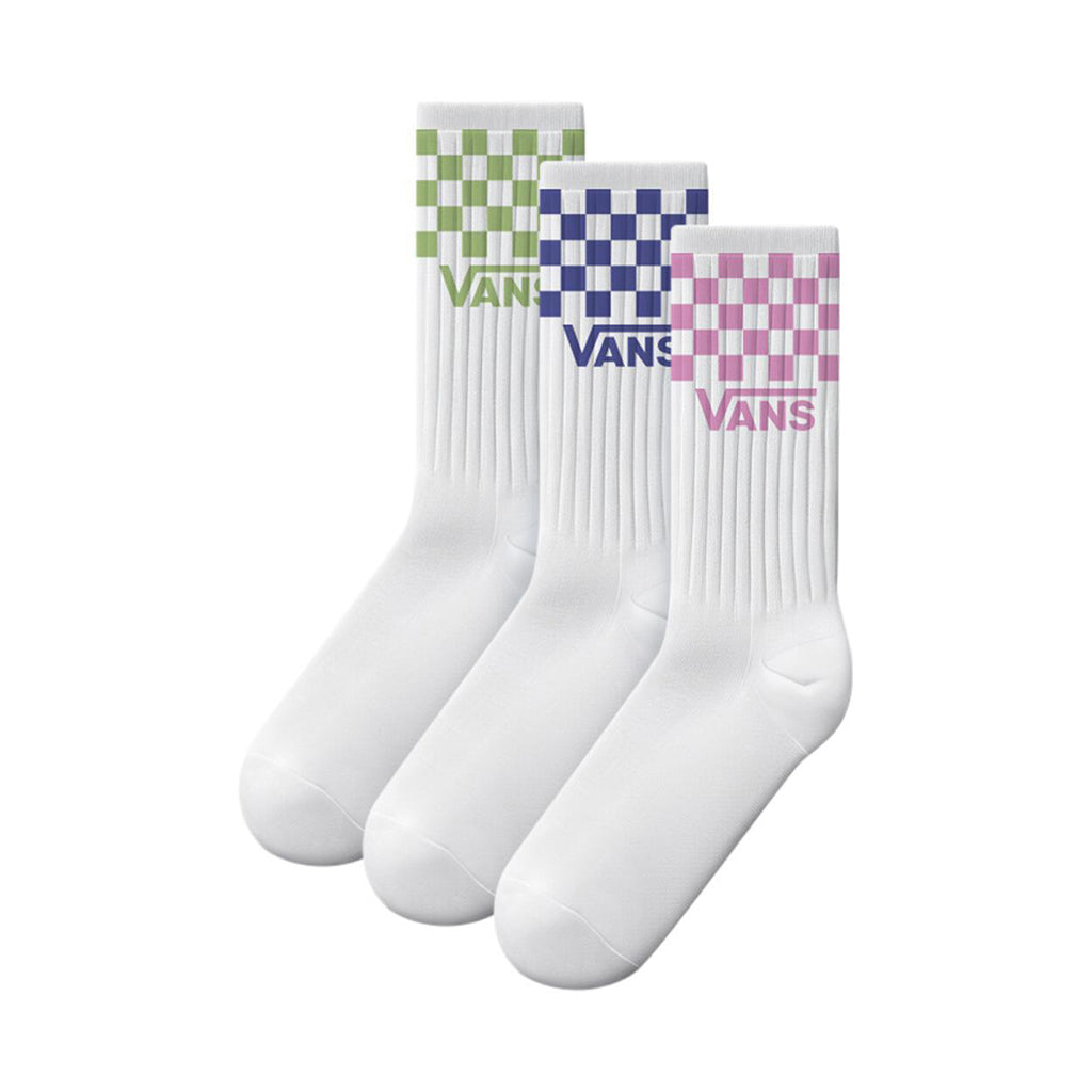 Three pairs of white socks with colorful checkered patterns and Vans branding on a white background.