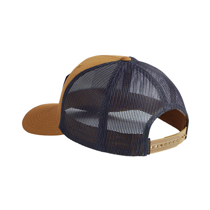 Brown and navy blue mesh cap on a white background
