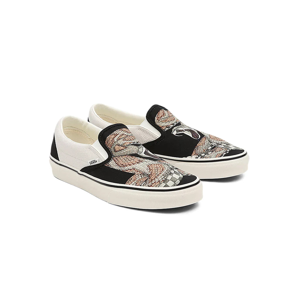 Pair of slip-on sneakers with patterned design on a white background
