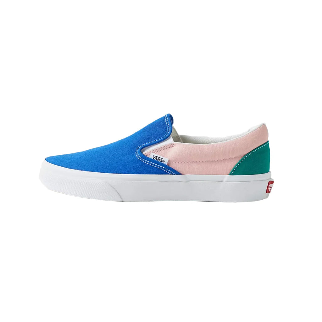 Blue and pink slip-on sneaker with a white sole on a white background