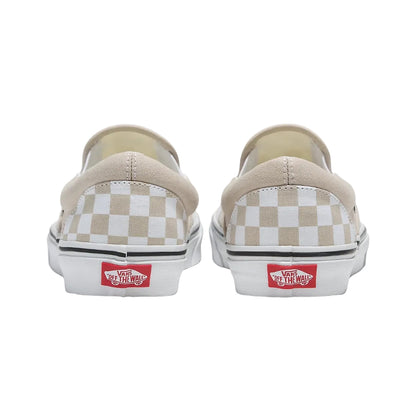 Pair of Vans slip-on shoes with beige and white checkered pattern on a white background