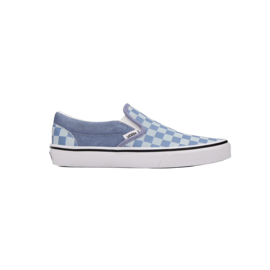 Blue and white checkered slip-on shoe on a white background