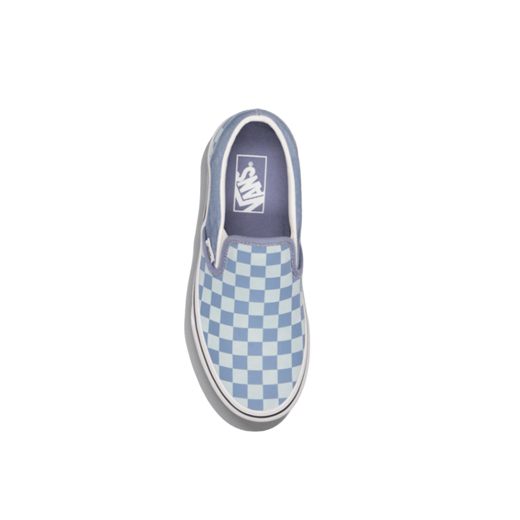 Blue and white checkered sneaker with a visible brand logo on a white background
