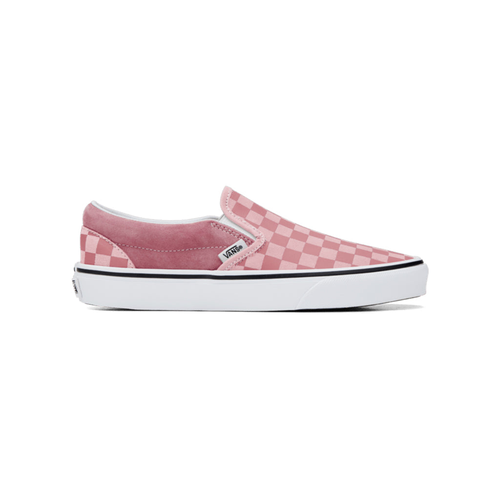 Pink checkered slip-on shoe with white sole on a white background
