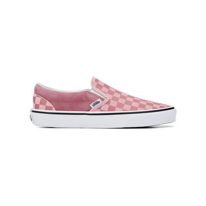 Pink checkered slip-on shoe with white sole on a white background
