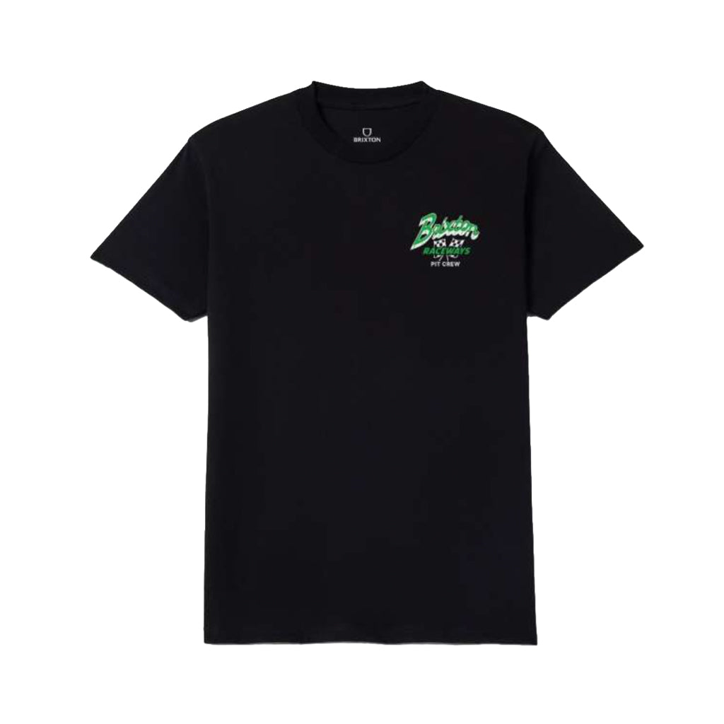 Black t-shirt with a logo on the chest against a white background