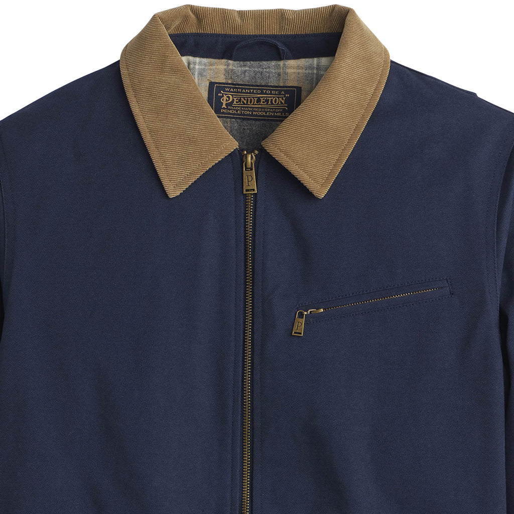 Navy jacket with brown collar and Pendleton label on a white background