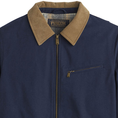 Navy jacket with brown collar and Pendleton label on a white background