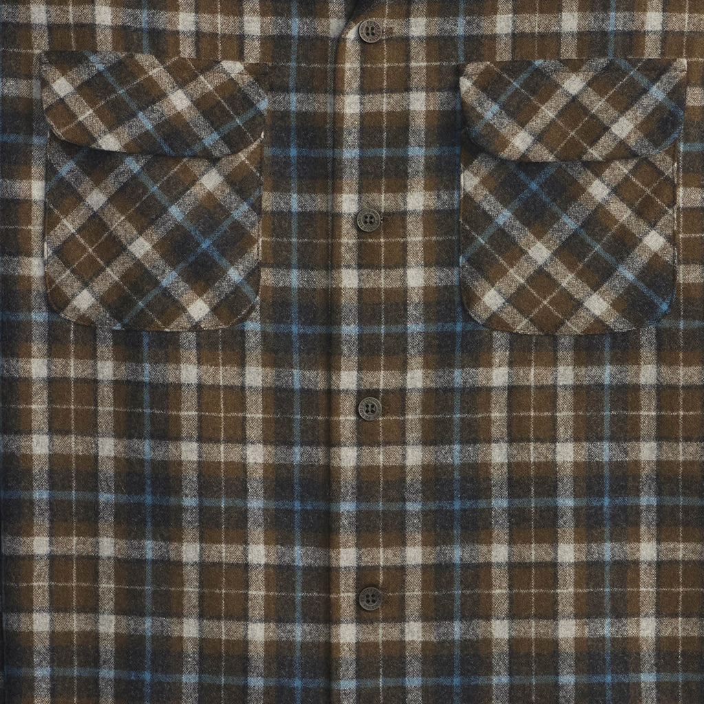 Plaid shirt with brown, blue, and beige pattern