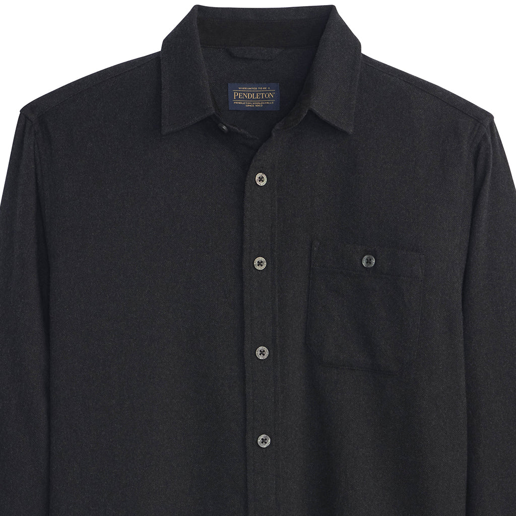 Dark gray button-up shirt with collar and pocket on a white background