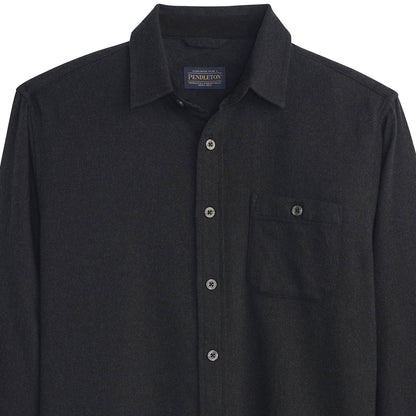 Dark gray button-up shirt with collar and pocket on a white background