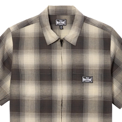 Plaid shirt with brand logos on a white background