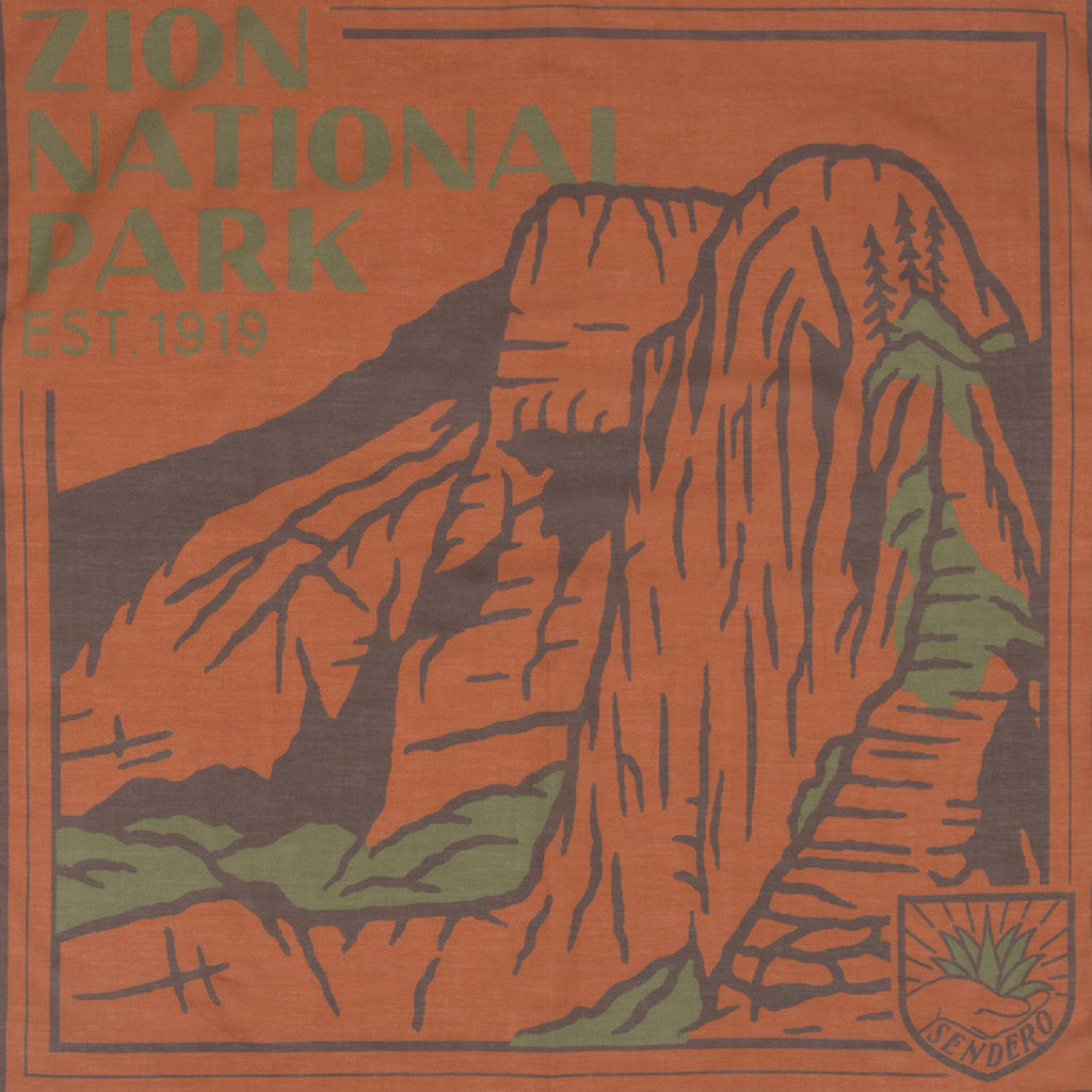 Zion National Park poster with mountain illustration and text on an orange background