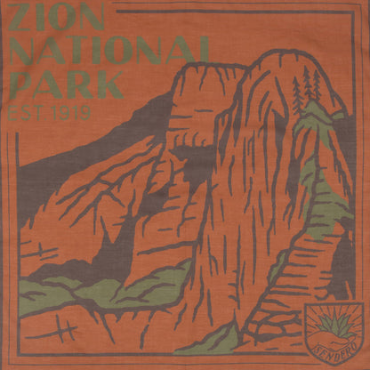 Zion National Park poster with mountain illustration and text on an orange background