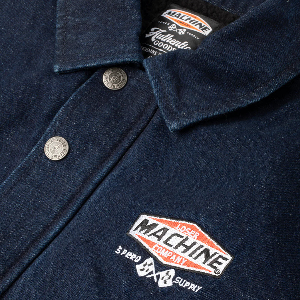 Close-up of a navy blue jacket with 'Loser Machine Company' logo and label.