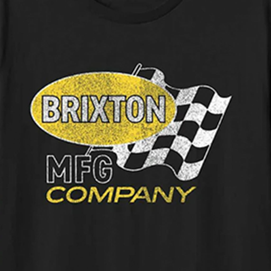 Black t-shirt with Brixton MFG Company logo featuring a yellow oval and checkered flag design.