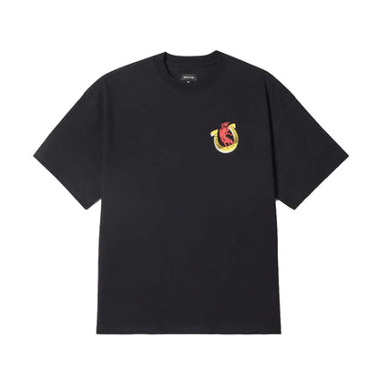 Black t-shirt with a small logo on a white background
