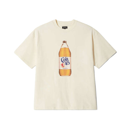 Beige t-shirt with a bottle graphic on a white background