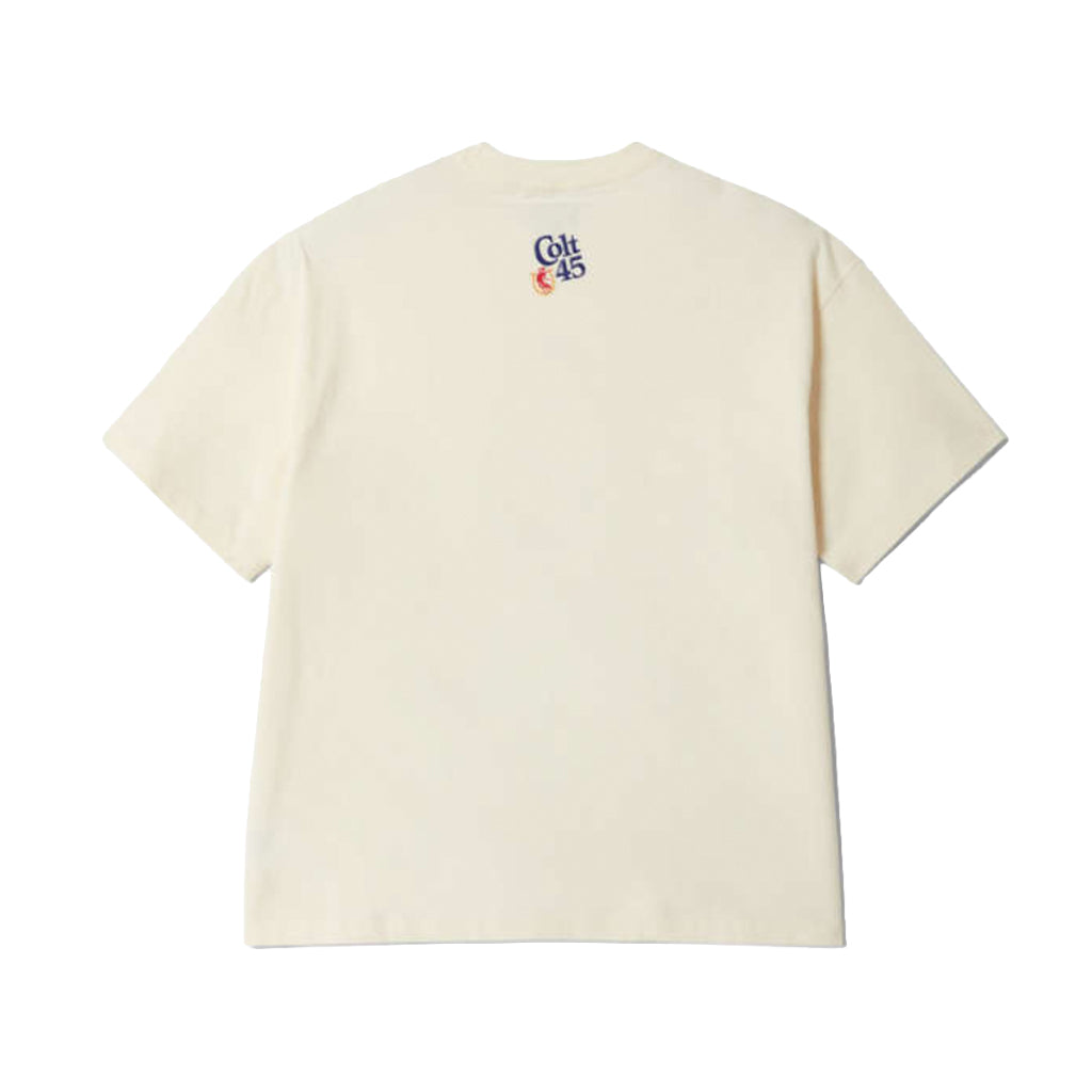 Beige t-shirt with a small logo on the chest against a white background