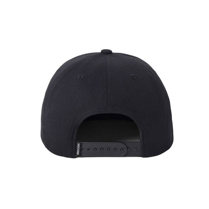 Black cap with a brand logo on the back against a white background