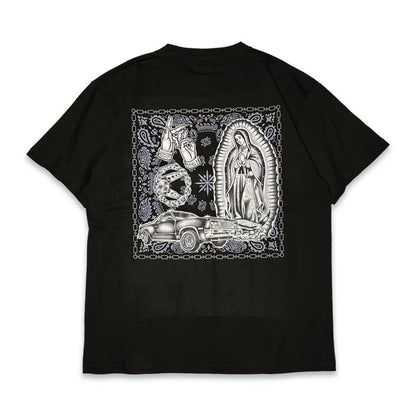 Black t-shirt with white graphic design on a white background