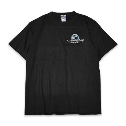 Black t-shirt with a logo and text on a white background