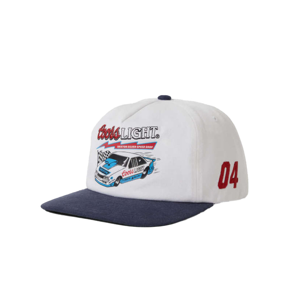 White hat with a Coors light race car design on a white background